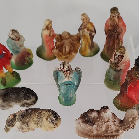 Vintage Shiny Brite Nativity Figure 12 Piece Plastic Hong Kong Mini Christmas 2" - Picture 12 of 12